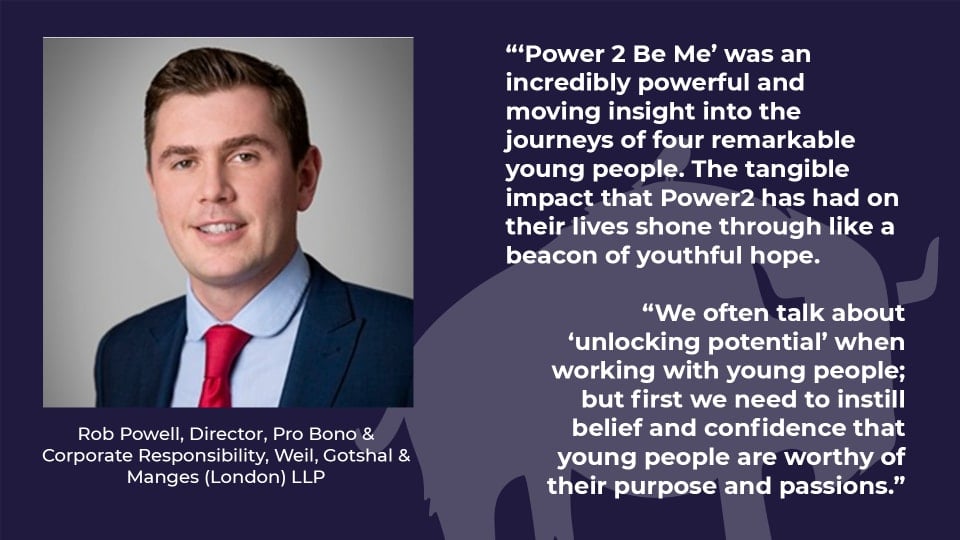 Quote card from Rob Powell, of Weil, praising the June 2021 Power2 Be Me event