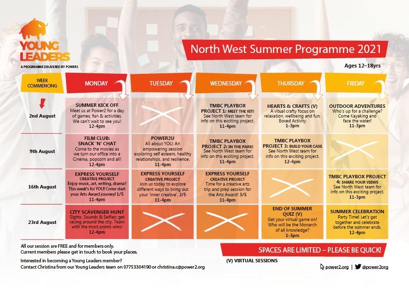 A graphic showing the Young Leaders summer timetable for the North West.