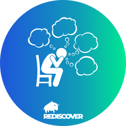 Graphic with a person sitting down with multiple thought bubbles coming from their head. Below is the Power2 Rediscover logo