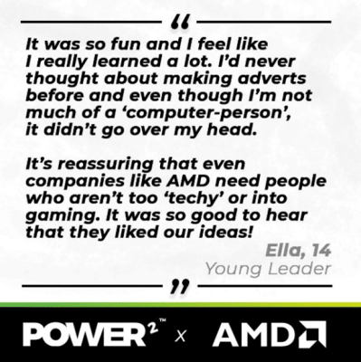 Quote card from Ella, a Young Leader, praising her experience with AMD